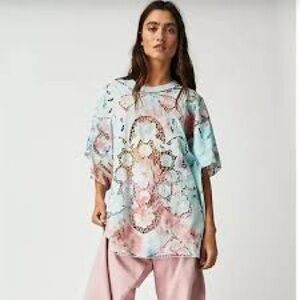 Free People Sunrise Tee - Watercolor Tie Dye Lace Oversized Relaxed Small